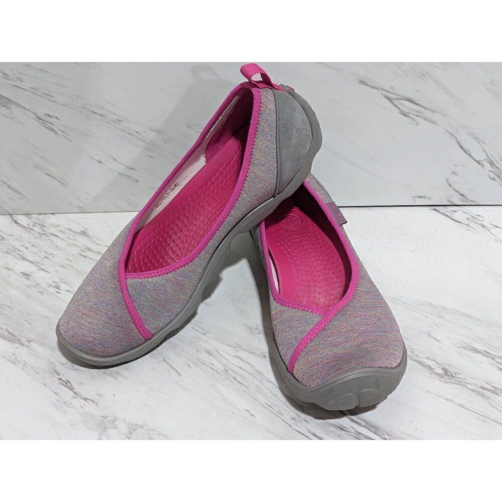 Crocs Women's Heather Gray Fabric Hot Pink Trim Slip-On Ballet Flat Shoes Size 8